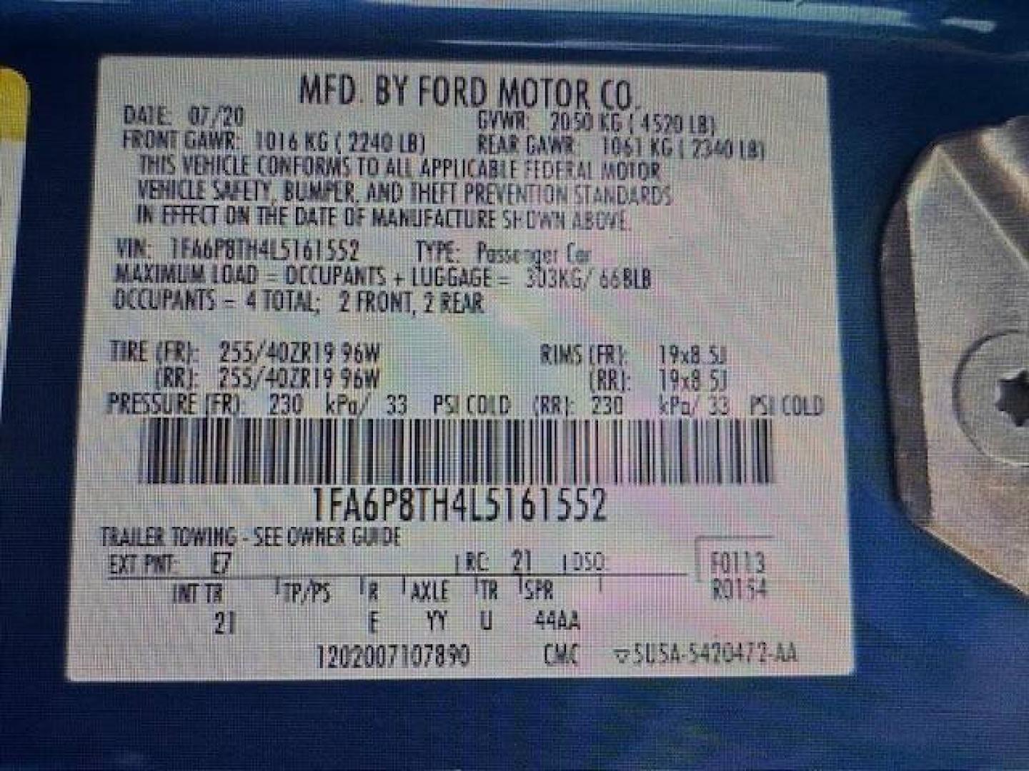 2020 Blue Ford Mustang (1FA6P8TH4L5) with an 2.3L I4 Turbocharger 2.3L I4 engine, located at 4845 Woodbury Pike, Roaring Springs, PA, (814) 317-5008, (814) 317-5008, 40.250935, -78.366959 - Photo#10