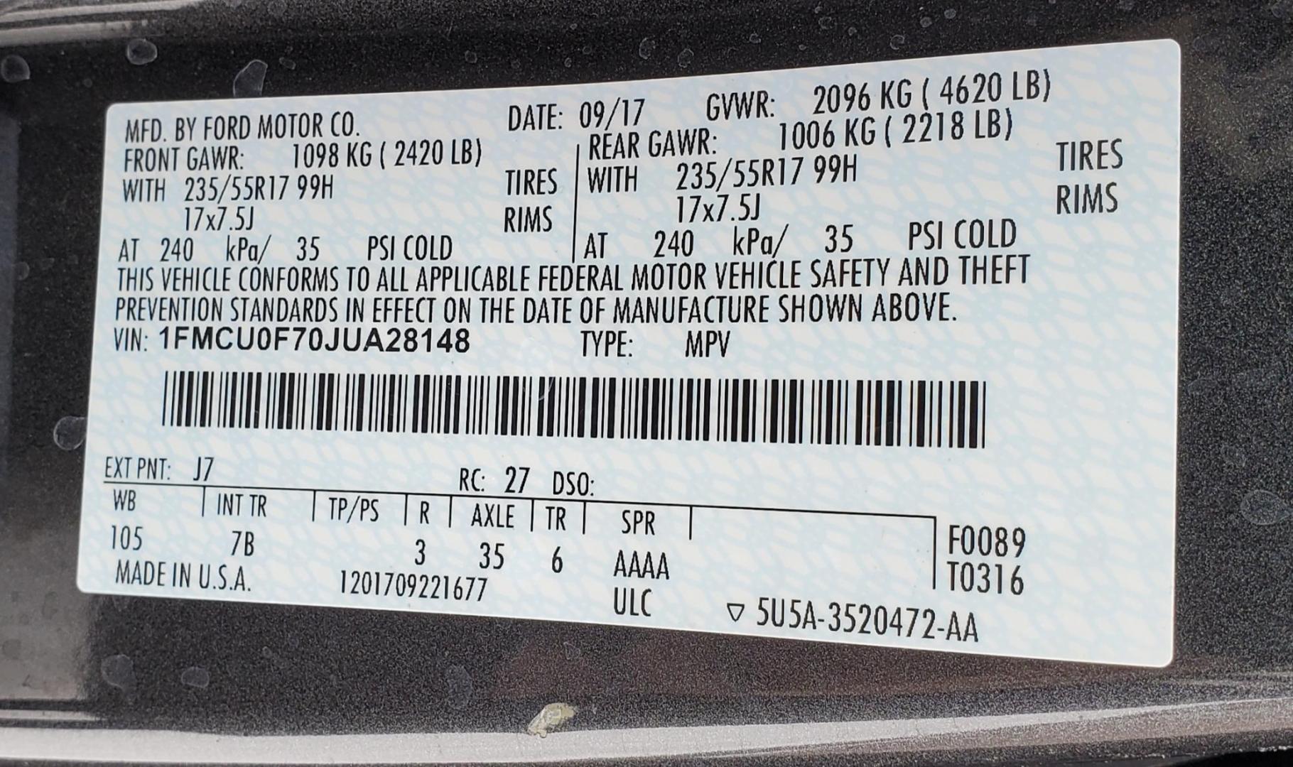 2018 Gray /Gray/Black Ford Escape S FWD (1FMCU0F70JU) with an 2.5L L4 DOHC 16V engine, 6A transmission, located at 4845 Woodbury Pike, Roaring Springs, PA, (814) 317-5008, (814) 317-5008, 40.250935, -78.366959 - Photo#7